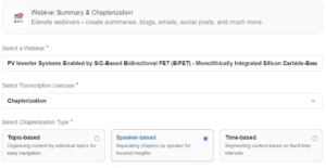 Screenshot of Vfairs webinar summary and chapterization tool to create webinar chapters based on topic, speaker and time