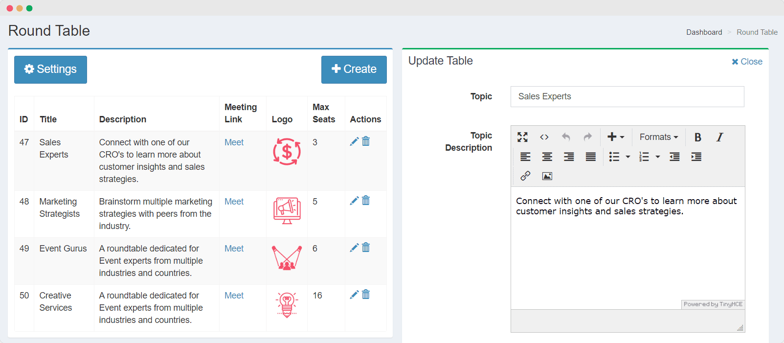 roundtable text editor in the backend