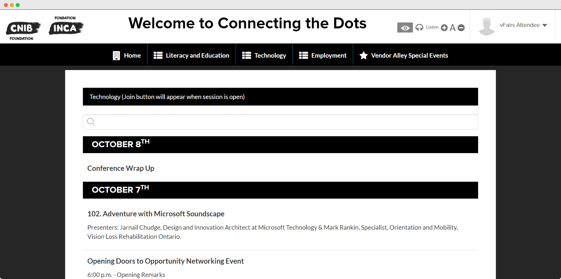 CNIB webinar page in virtual event